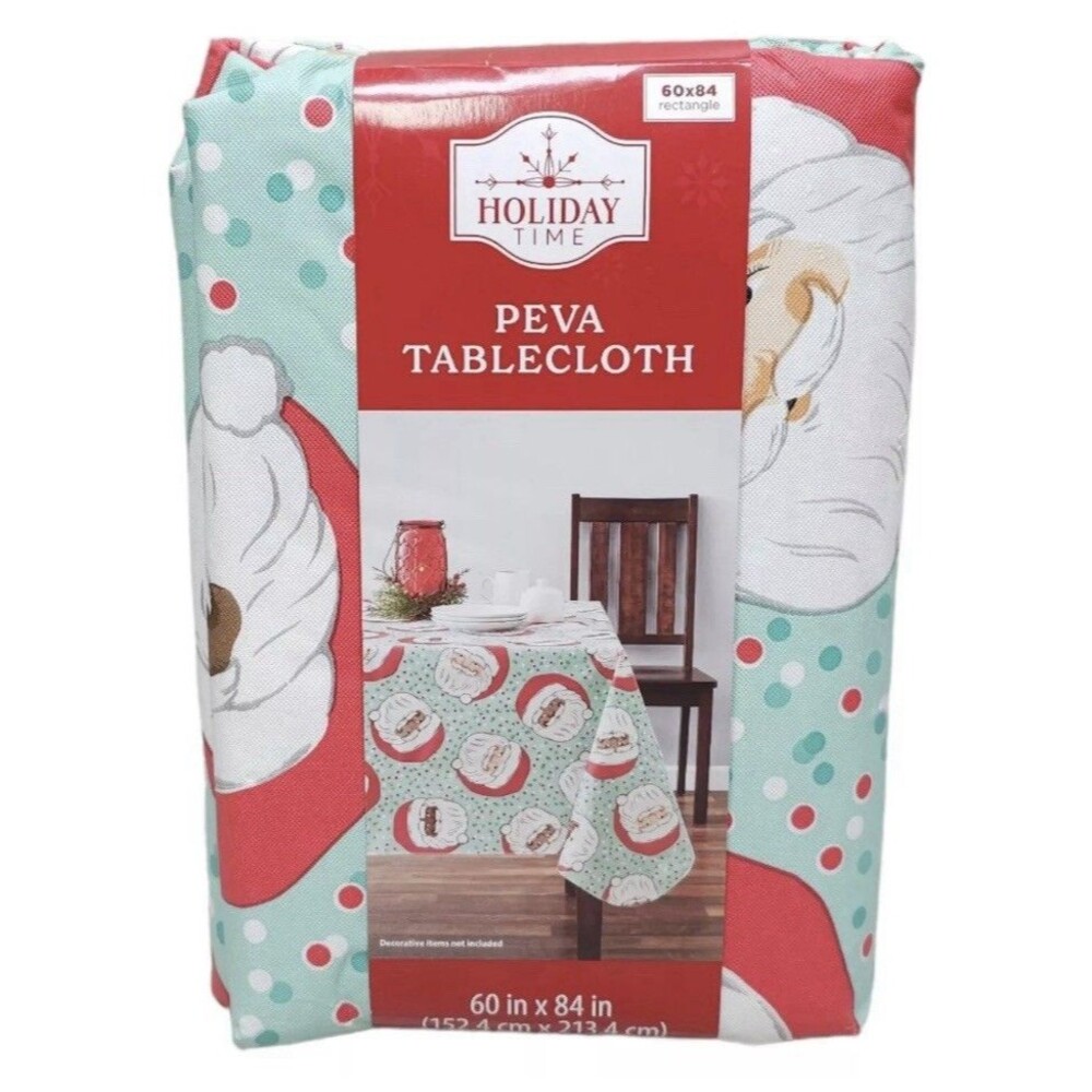 Holiday Time Christmas PEVA Tablecloth Green with Santa 60X84